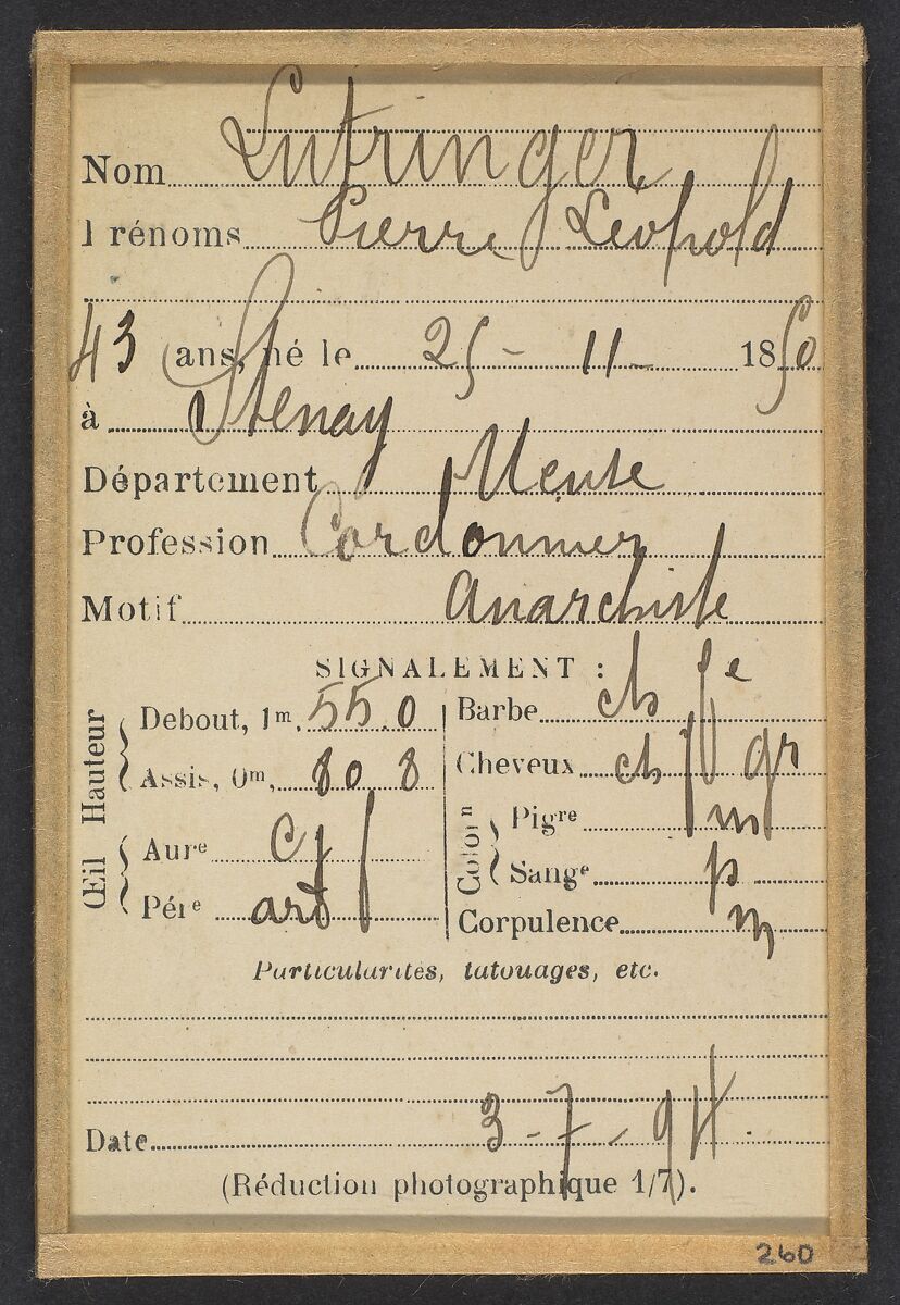 Lutringer. Pierre, Léopold. 43 ans, né le 25/11/50 à Stenay (Meuse). Cordonnier. Anarchiste. 3/7/94., Alphonse Bertillon (French, 1853–1914), Albumen silver print from glass negative
