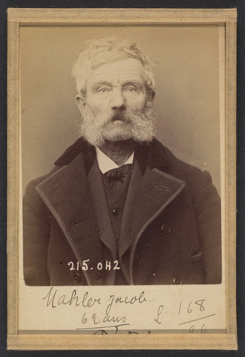 Mahler. Jacob, Henri, Jean. 61 ans, né à Hanovre (Duché de Hesse). Couvreur. Anarchiste. 3/3/94., Alphonse Bertillon (French, 1853–1914), Albumen silver print from glass negative 