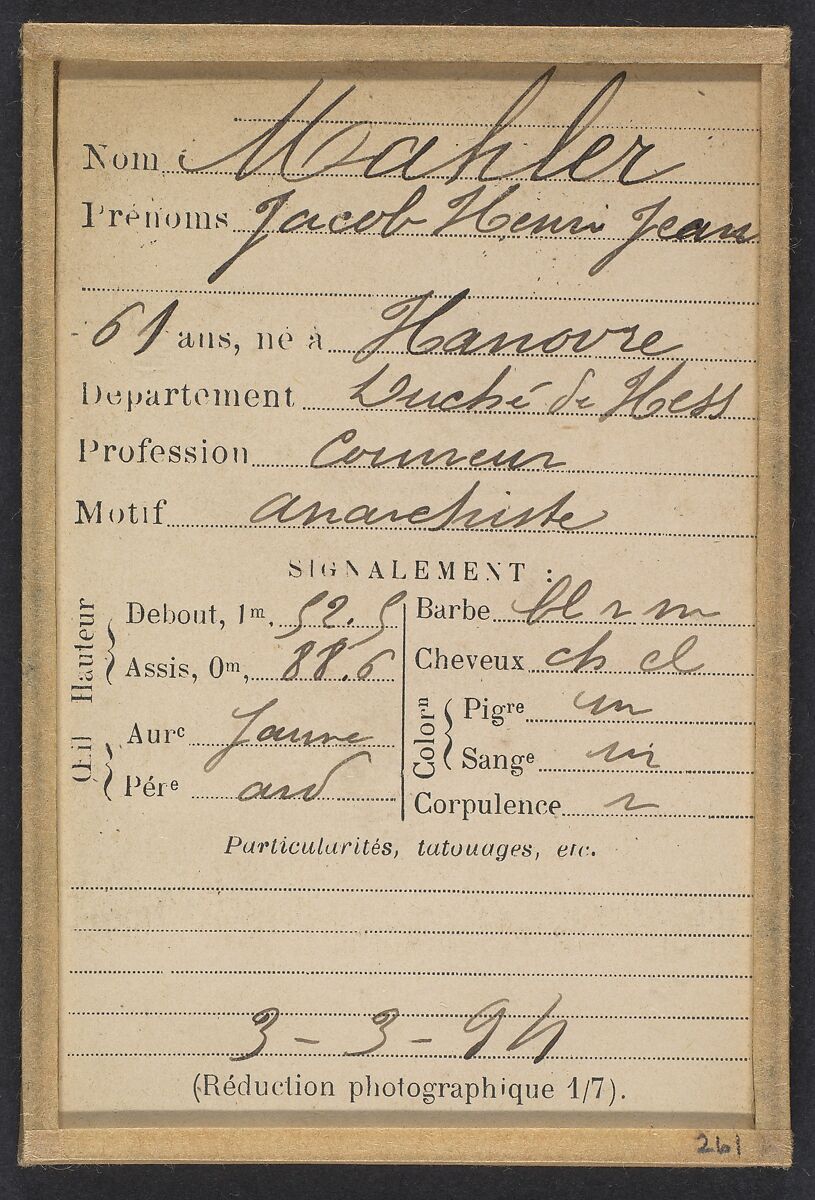 Mahler. Jacob, Henri, Jean. 61 ans, né à Hanovre (Duché de Hesse). Couvreur. Anarchiste. 3/3/94., Alphonse Bertillon (French, 1853–1914), Albumen silver print from glass negative
