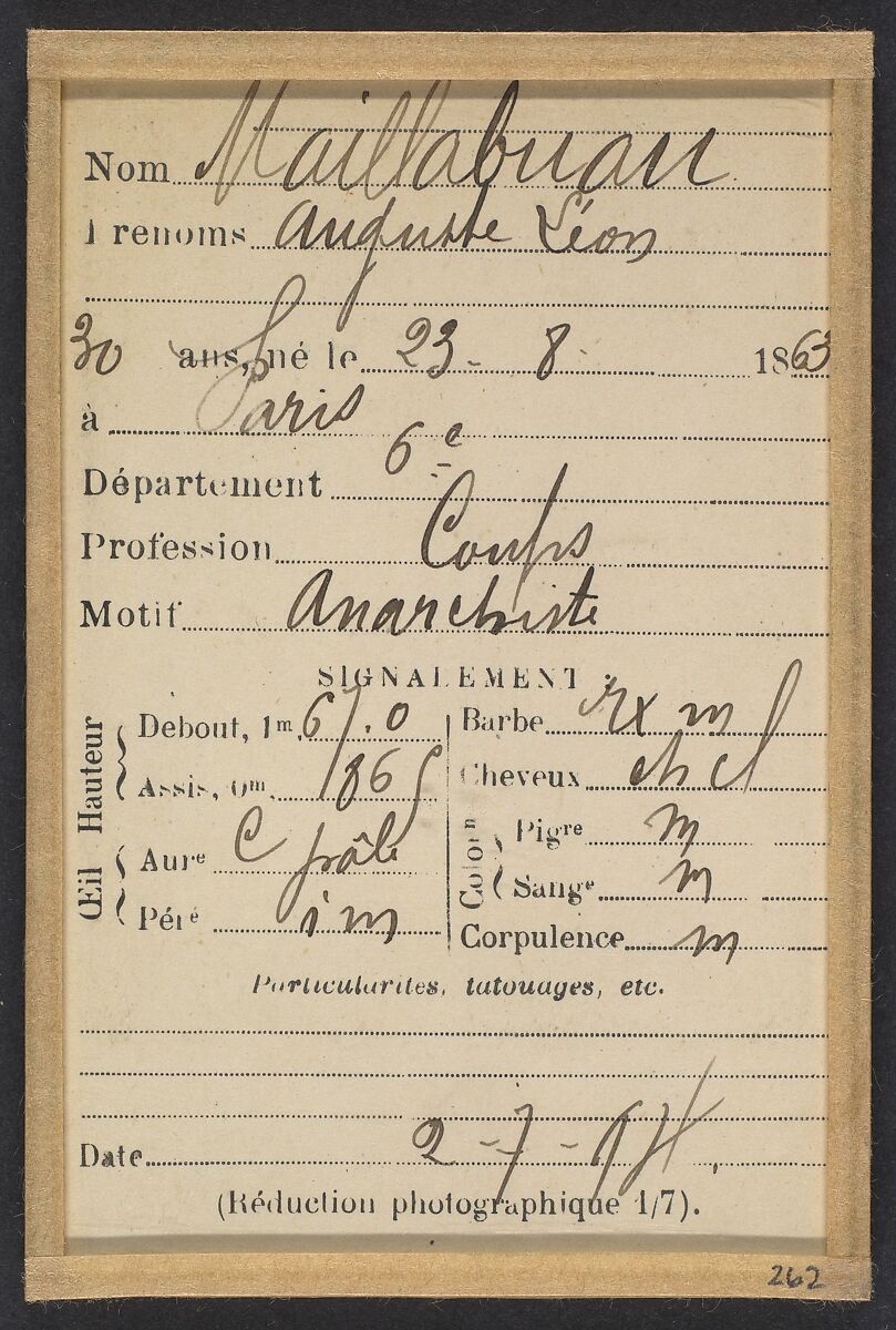 Maillabuau. Auguste, Léon. 30 ans, né le 23/8/93 à Paris Vle. Anarchiste. 2/7/94., Alphonse Bertillon (French, 1853–1914), Albumen silver print from glass negative