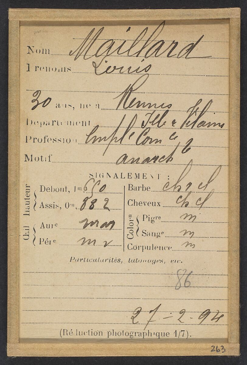 Maillard. Louis. 30 ans, né à Rennes (Ille & Vilaine). Employé de commerce. Anarchiste. 27/2/94., Alphonse Bertillon (French, 1853–1914), Albumen silver print from glass negative