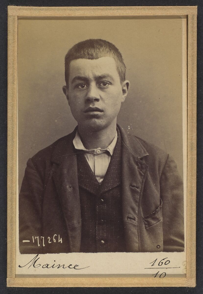 Maince. Émile. 19 ans, né à Levallois-Perret (Seine). Réparateur d'objets d'arts. Anarchiste. 6/1/94., Alphonse Bertillon (French, 1853–1914), Albumen silver print from glass negative 