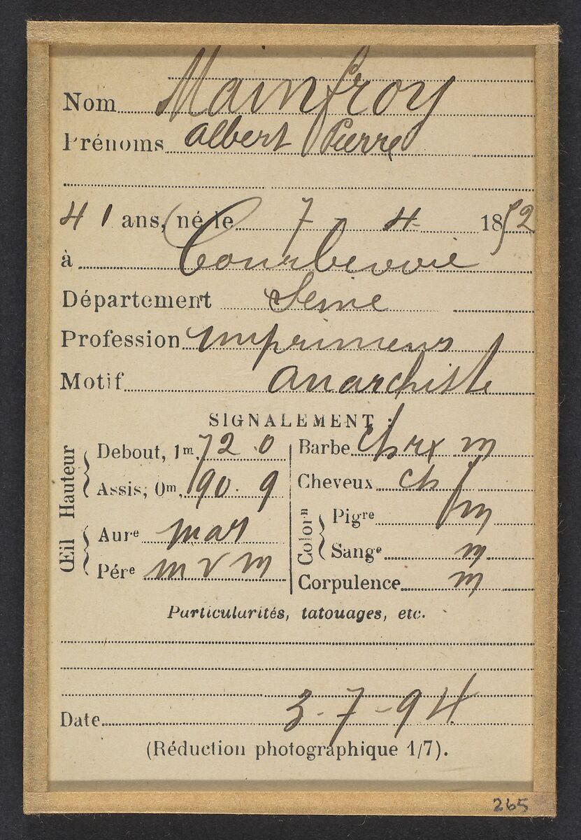 Mainfroy. Albert, Pierre. 41 ans, né le 7/4/52 à Courbevoie (Seine). Imprimeur. Anarchiste. 3/7/94., Alphonse Bertillon (French, 1853–1914), Albumen silver print from glass negative