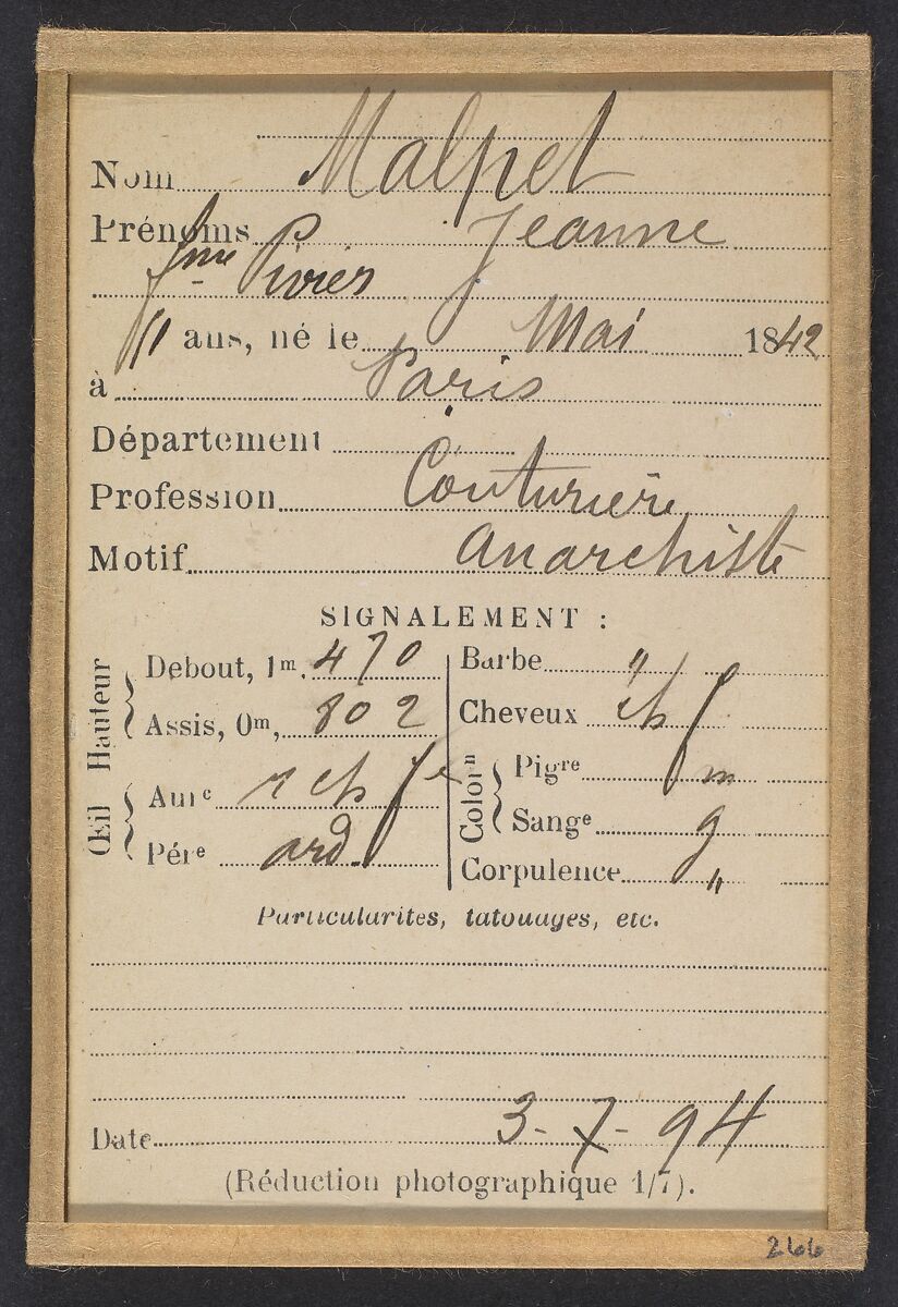 Malpet. Jeanne (femme Pivier). 51 ans, née en mai 42. Couturière. Anarchiste. 3/7/94., Alphonse Bertillon (French, 1853–1914), Albumen silver print from glass negative