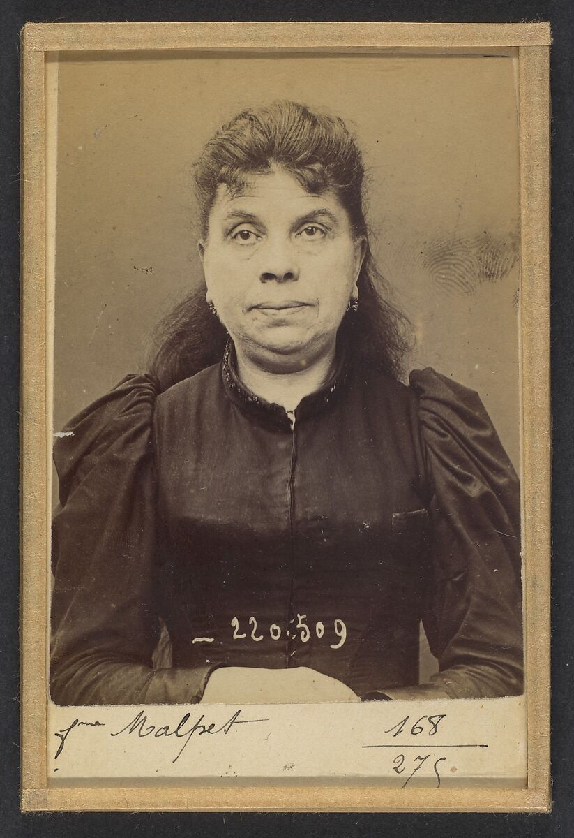 Malpet. Jeanne (femme Pivier). 51 ans, née en mai 42. Couturière. Anarchiste. 3/7/94., Alphonse Bertillon (French, 1853–1914), Albumen silver print from glass negative 