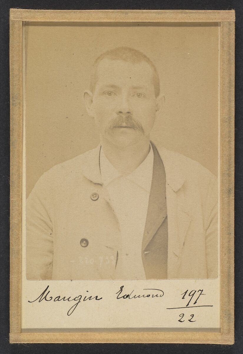 Mangin. Edmond, Émile. 33 ans, né le 19/3/61 à Senon (Meuse). Cimentier. Anarchiste. 8/7/94., Alphonse Bertillon (French, 1853–1914), Albumen silver print from glass negative 