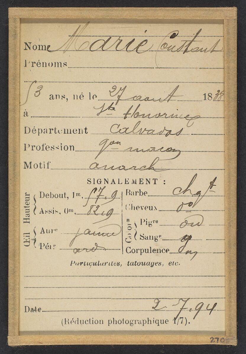 Marie. Constant. 53 ans, né le 27/8/38 à Ste-Houvrince (Calvados). Garçon rnarçon. Anarchiste. 2/7/94., Alphonse Bertillon (French, 1853–1914), Albumen silver print from glass negative