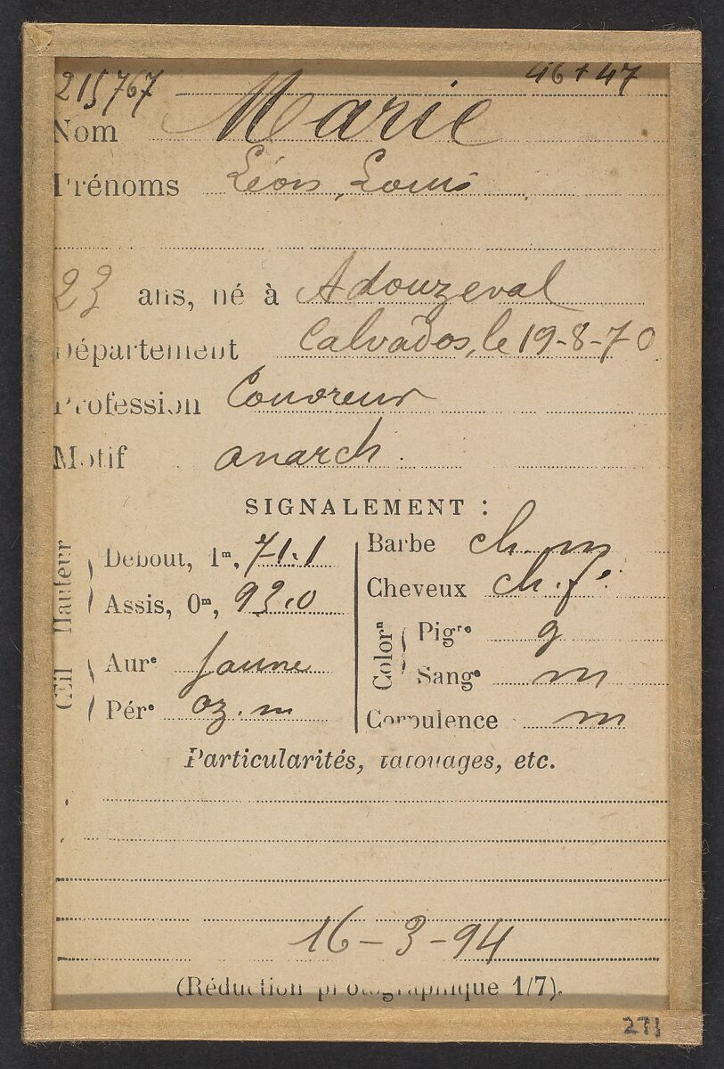 Marie. Léon, Louis. 23 ans, né le 19/8/70 à Adouzeval (Calvados). Couvreur. Anarchiste. 16/3/94., Alphonse Bertillon (French, 1853–1914), Albumen silver print from glass negative