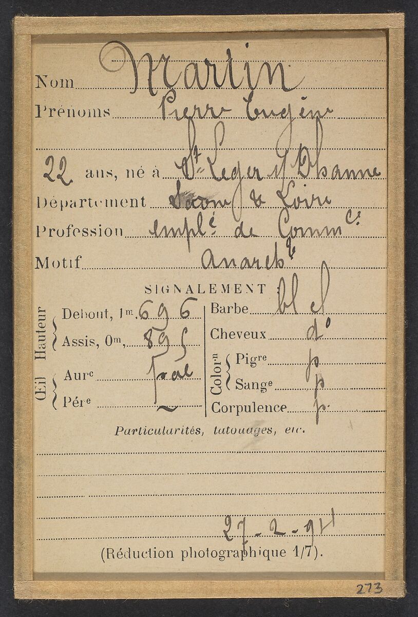 Martin. Pierre. 22 ans, né à St-Léger (Saône-et-Loire). Employé de commerce. Anarchiste. 27/2/94., Alphonse Bertillon (French, 1853–1914), Albumen silver print from glass negative