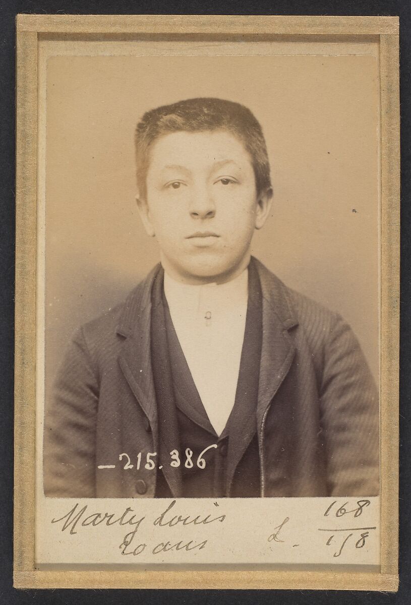 Marty. Louis. 20 ans, né à Lacanne (Tarn). Tailleur d'habits. Anarchiste. 9/3/94., Alphonse Bertillon (French, 1853–1914), Albumen silver print from glass negative 