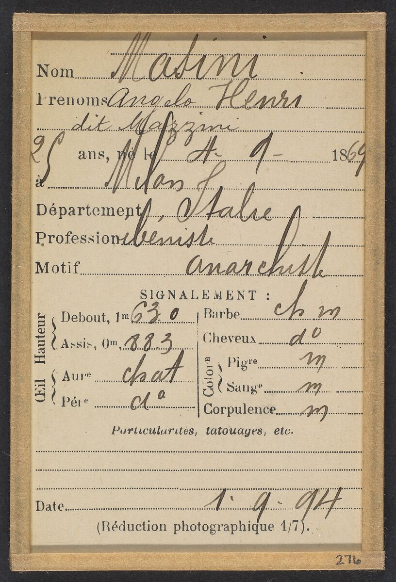 Masini (dit Mazzini). Angelo, Henri. 25 ans, né le 4/9/69 à Milan (Italie). Ébéniste. Anarchiste. 1/9/94., Alphonse Bertillon (French, 1853–1914), Albumen silver print from glass negative