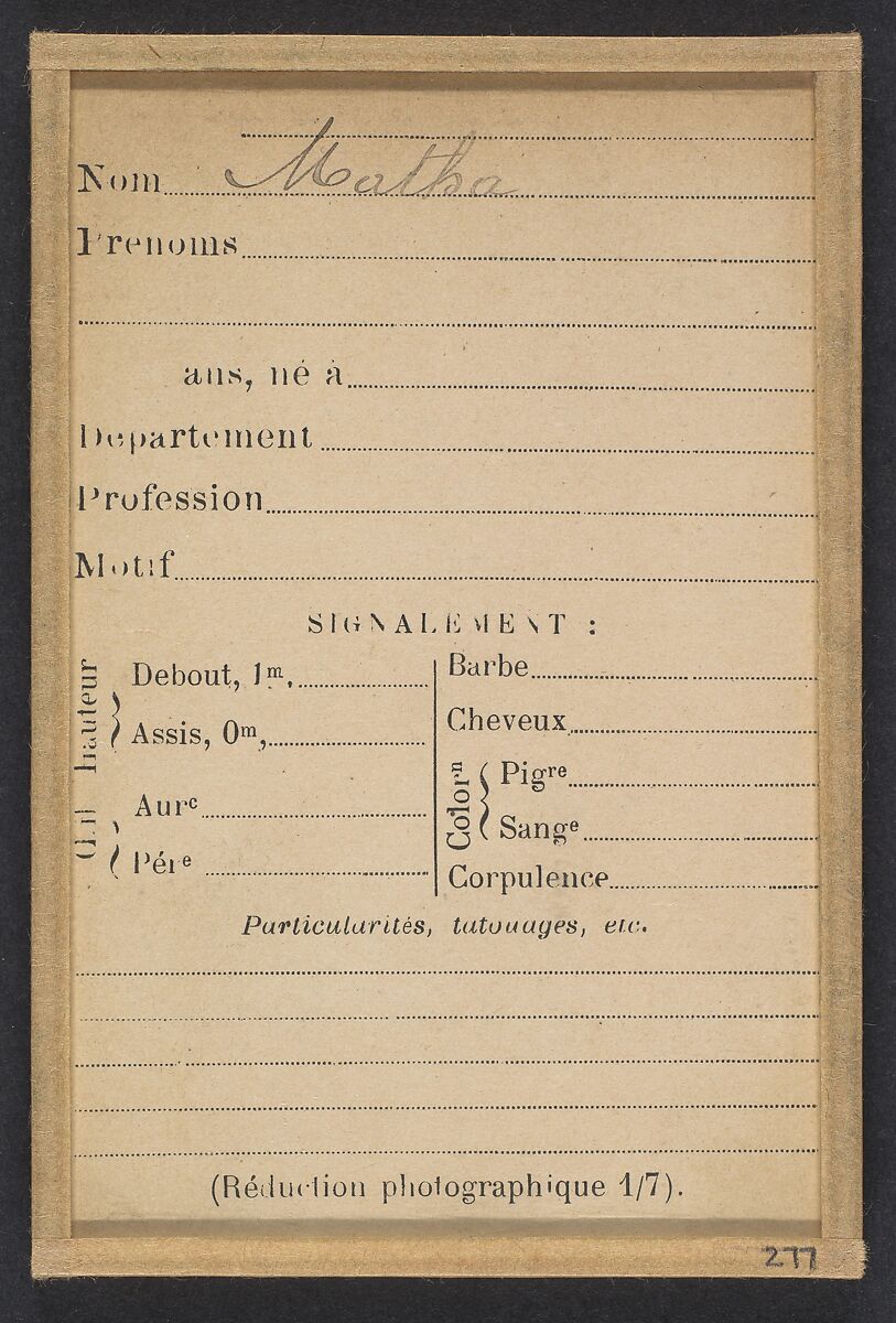 Matha., Alphonse Bertillon (French, 1853–1914), Albumen silver print from glass negative