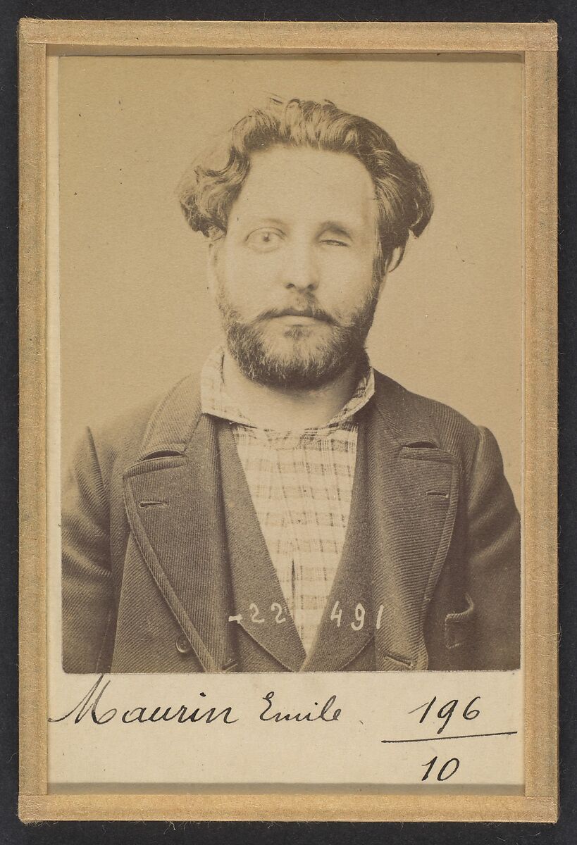 Maurin. Émile, Auguste. 31 ans, né à Marseille (Bouche du Rhône). Ex photographe. Anarchiste. 2/7/94., Alphonse Bertillon (French, 1853–1914), Albumen silver print from glass negative 