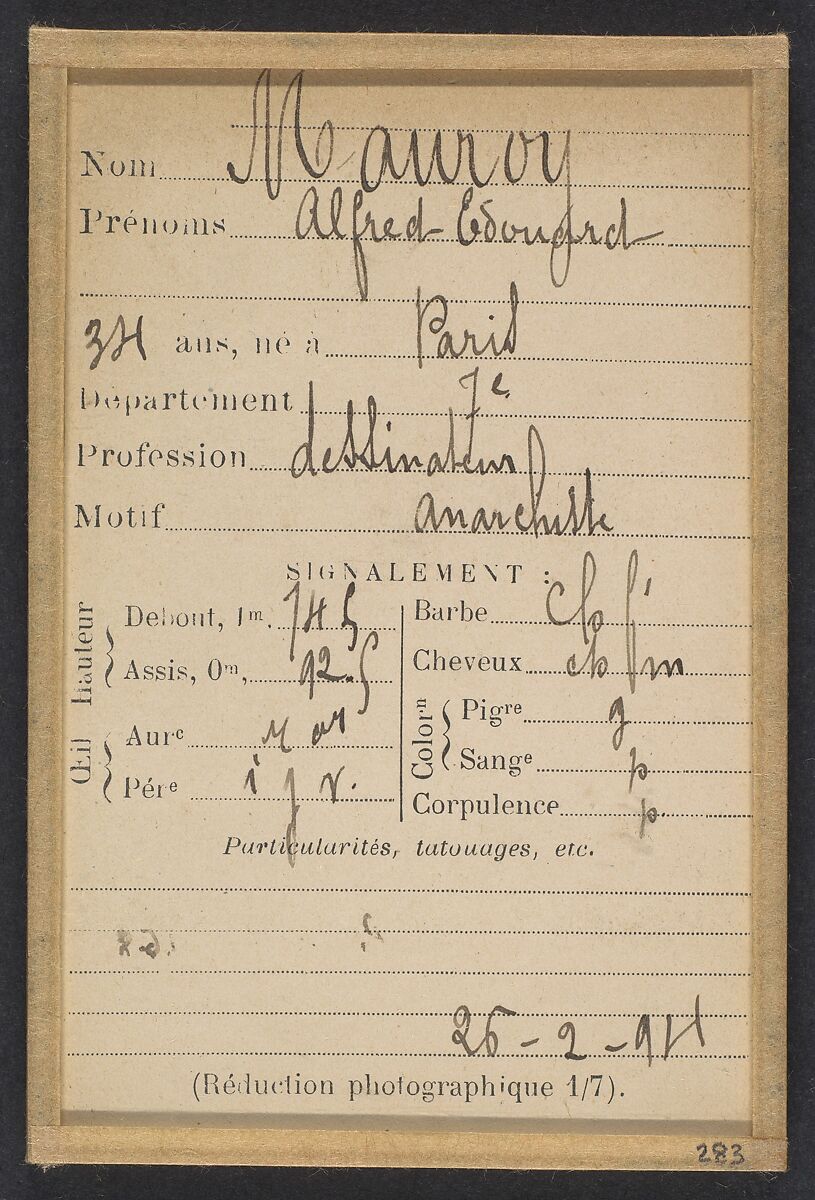 Mauroy. Alfred, Édouard. 34 ans, né à Paris VIIe. Dessinateur. Anarchiste. 26/2/94., Alphonse Bertillon (French, 1853–1914), Albumen silver print from glass negative