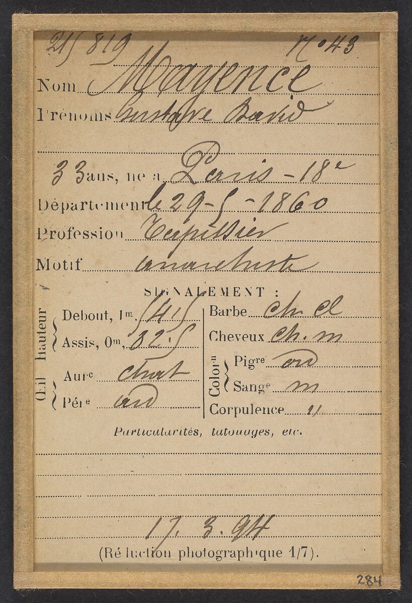 Mayence. Gustave, David. 33 ans, né le 29/5/60 à Paris XVllle. Tapissier. Anarchiste. 17/3/94., Alphonse Bertillon (French, 1853–1914), Albumen silver print from glass negative