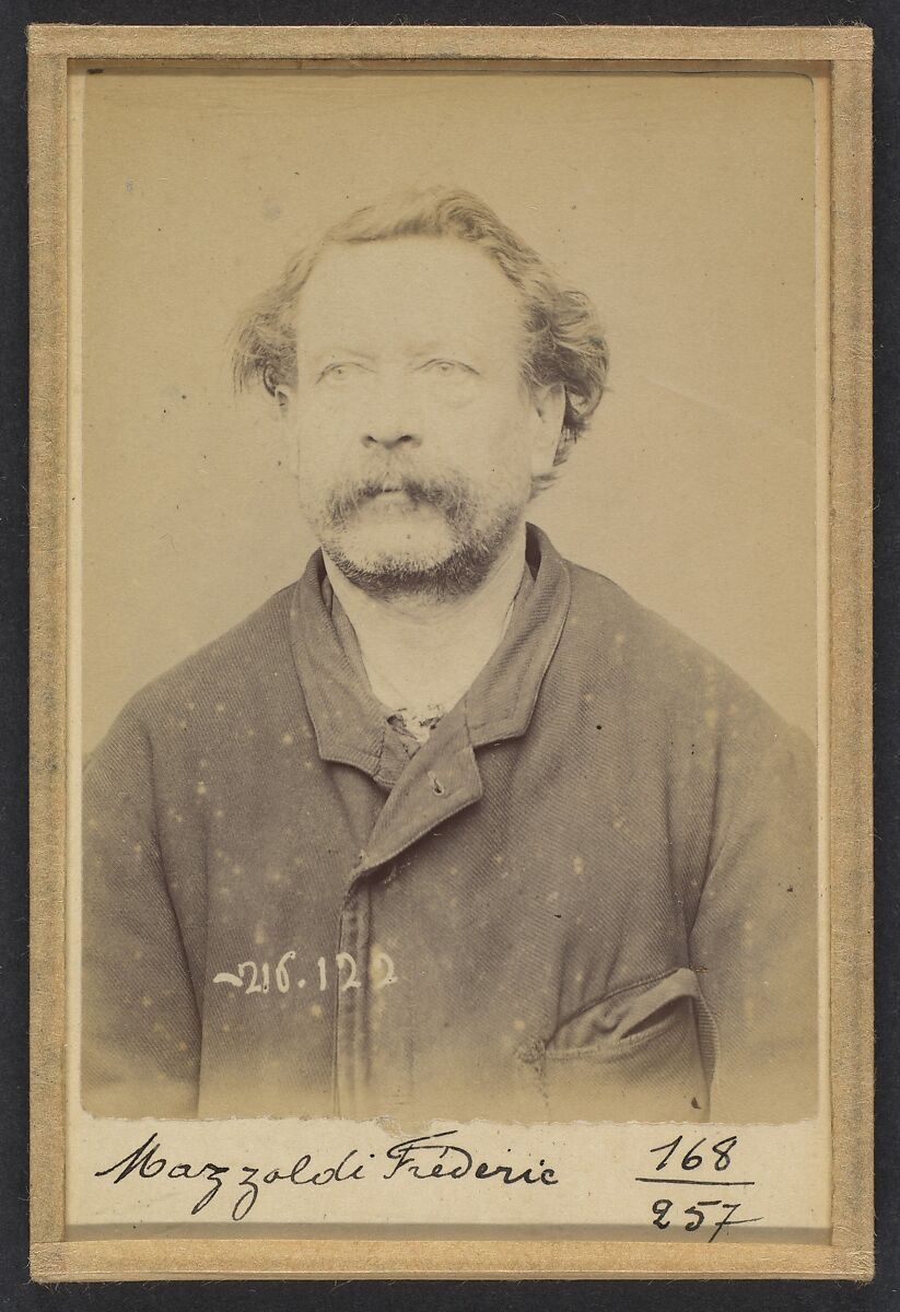 Mazoldi. Frédéric, Jean-Baptiste. 54 ans, né à Bicroz (Autriche). Ferblantier. Anarchiste. 23/3/94., Alphonse Bertillon (French, 1853–1914), Albumen silver print from glass negative 