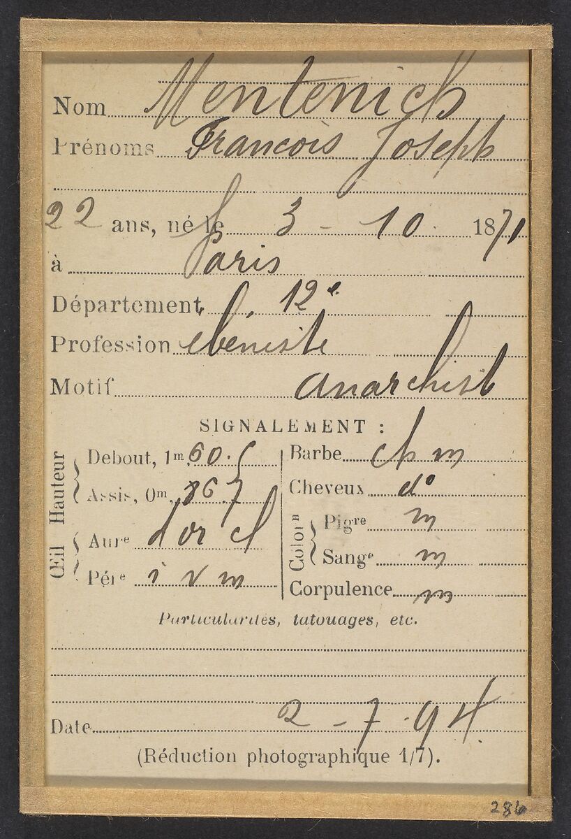 Mentenich. François, Joseph. 22 ans, né le 3/10/71 à Paris XIIe. Ébéniste. Anarchiste. 2/7/94., Alphonse Bertillon (French, 1853–1914), Albumen silver print from glass negative