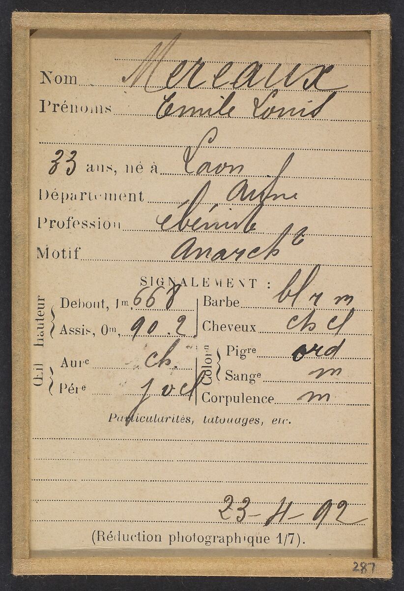 Mereaux. Émile-Louis. 33 ans, né à Laon (Aisne). Ébéniste. Anarchiste. 23/4/92., Alphonse Bertillon (French, 1853–1914), Albumen silver print from glass negative