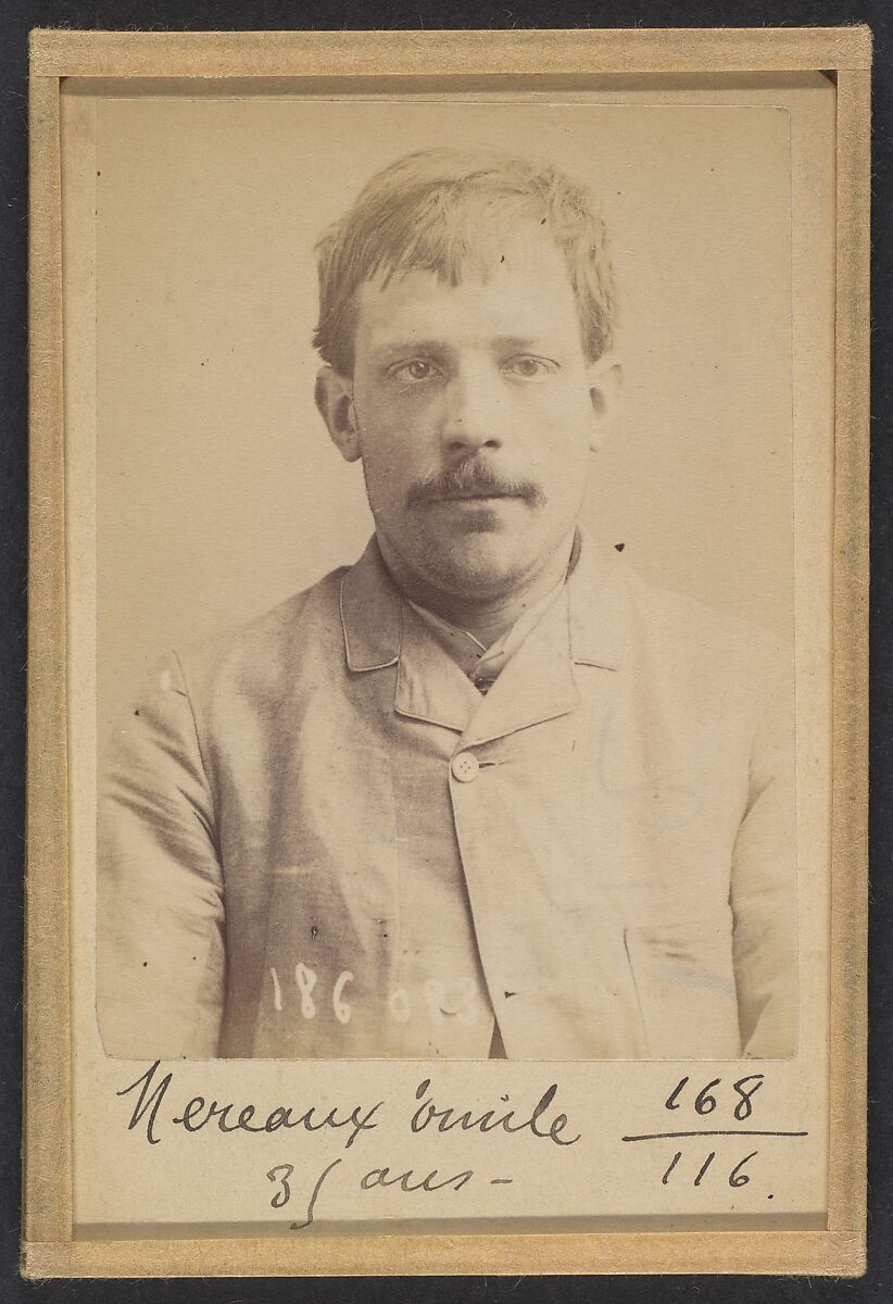 Mereaux. Émile-Louis. 33 ans, né à Laon (Aisne). Ébéniste. Anarchiste. 23/4/92., Alphonse Bertillon (French, 1853–1914), Albumen silver print from glass negative 