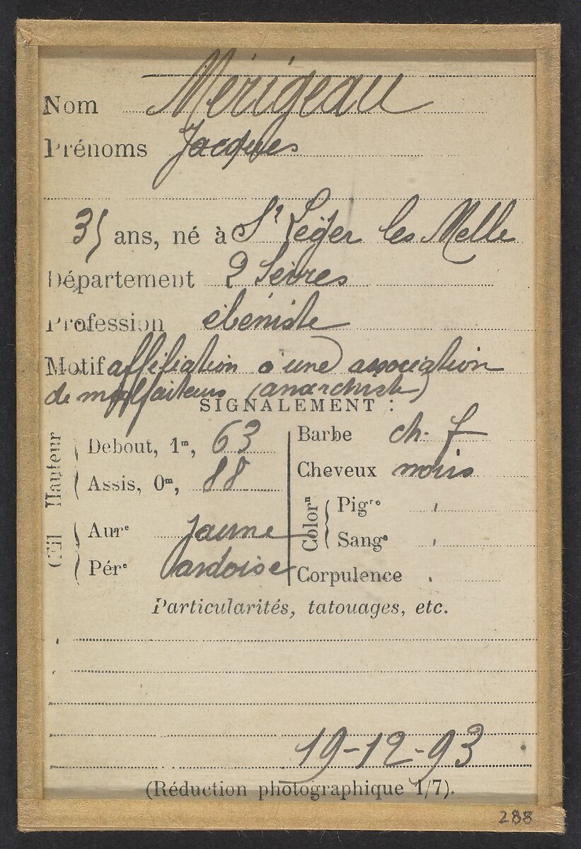 Mérigeau. Jacques. 35 ans, né à St-Léger-les-Melles (Deux Sèvres). Ébéniste. 19/12/93., Alphonse Bertillon (French, 1853–1914), Albumen silver print from glass negative