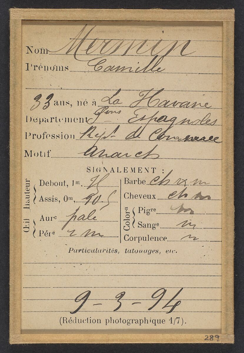 Mermin. Camille. 33 ans, né à La Havane (Cn Espagnoles). Rep. de cou. (?). Anarchiste. 9/3/94., Alphonse Bertillon (French, 1853–1914), Albumen silver print from glass negative