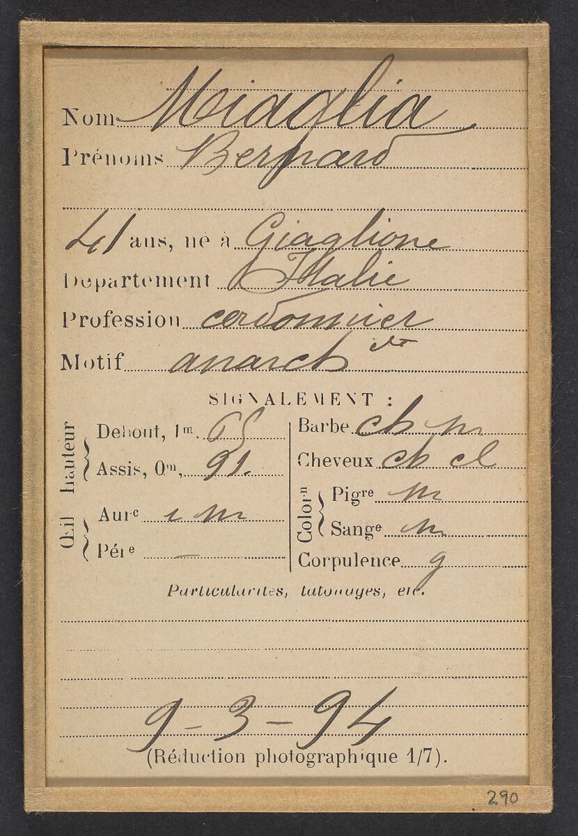 Miaglia. Bernard. 41 ans, né à Giaglione (Italie). Cordonnier. Anarchiste. 9/3/94., Alphonse Bertillon (French, 1853–1914), Albumen silver print from glass negative
