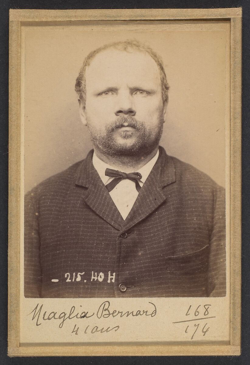 Miaglia. Bernard. 41 ans, né à Giaglione (Italie). Cordonnier. Anarchiste. 9/3/94., Alphonse Bertillon (French, 1853–1914), Albumen silver print from glass negative 