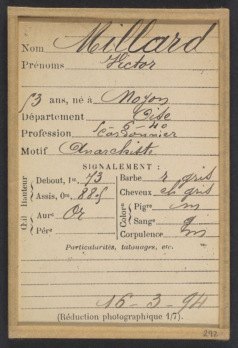 Millard. Victor. 53 ans, né le 5/6/40 à Moyon (Oise). Cordonnier. 16/3/94., Alphonse Bertillon (French, 1853–1914), Albumen silver print from glass negative