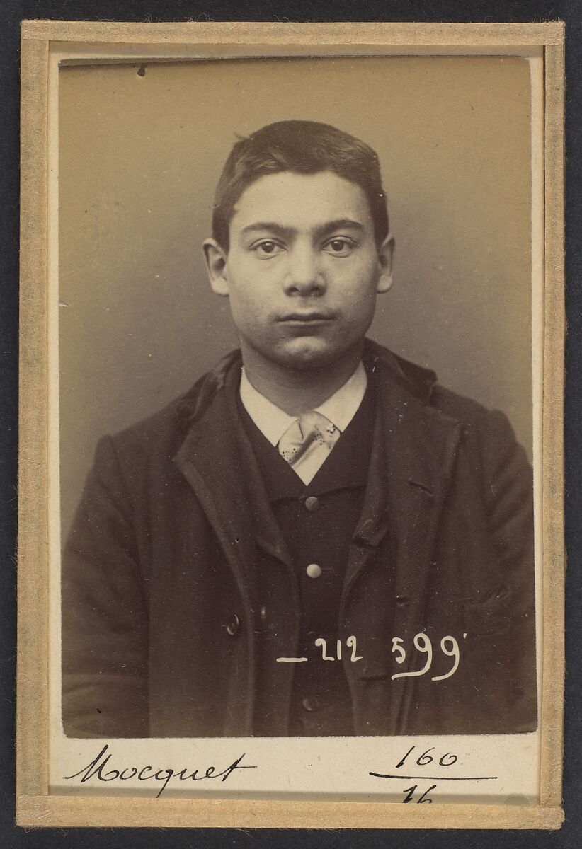 Mocquet. Georges, Gustave. 17 ans, né le 17/5/76 à Paris IXe. Tapissier. Anarchiste. 6/1/94., Alphonse Bertillon (French, 1853–1914), Albumen silver print from glass negative 