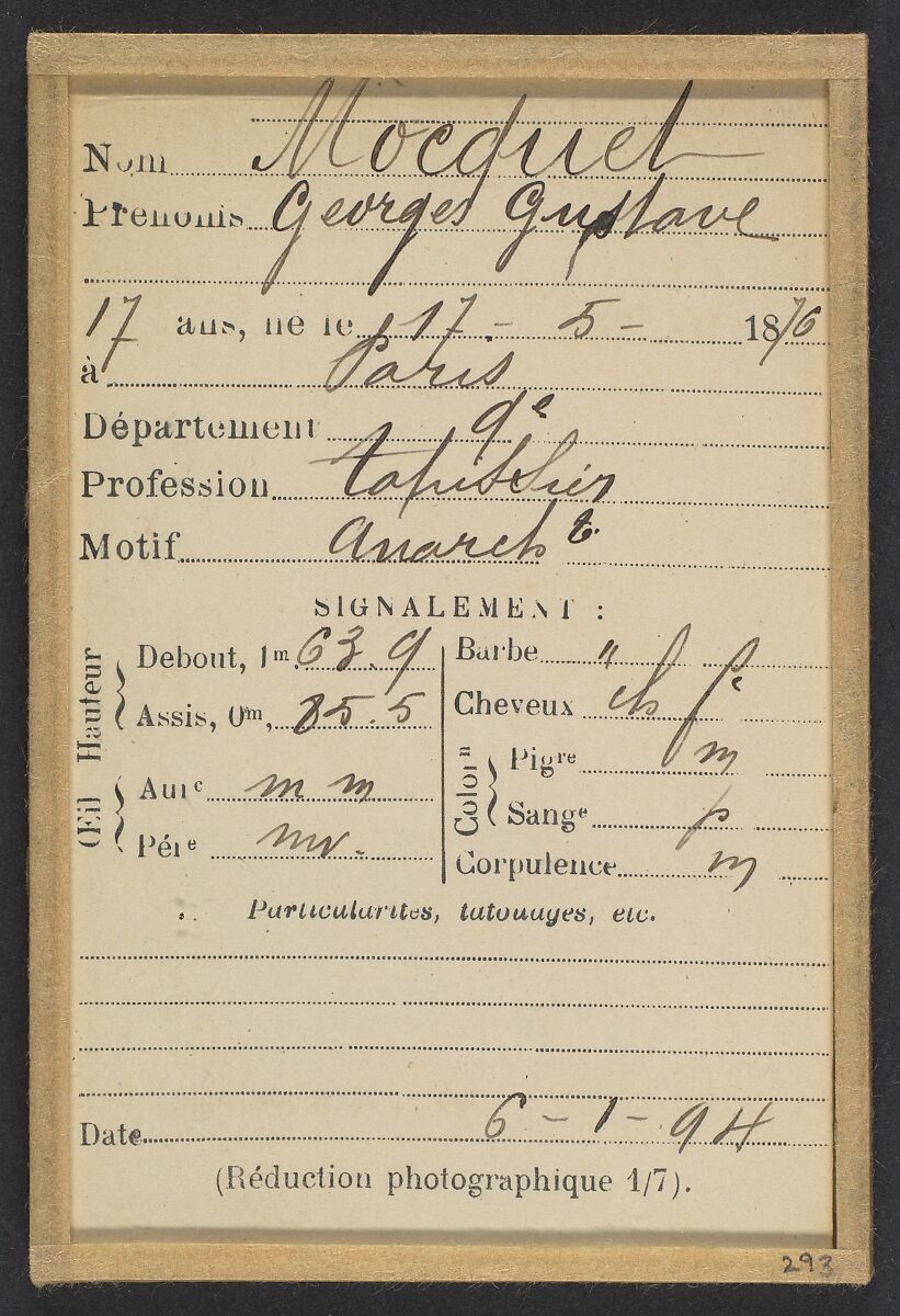 Mocquet. Georges, Gustave. 17 ans, né le 17/5/76 à Paris IXe. Tapissier. Anarchiste. 6/1/94., Alphonse Bertillon (French, 1853–1914), Albumen silver print from glass negative