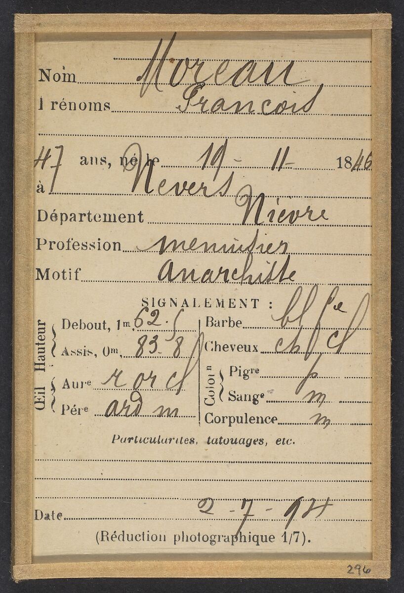 Moreau. François. 47 ans, né le 19/11/46 à Nevers (Nièvre). Menuisier: Anarchiste. 2/7/94., Alphonse Bertillon (French, 1853–1914), Albumen silver print from glass negative