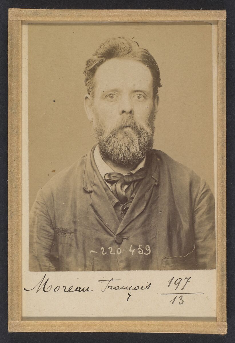 Moreau. François. 47 ans, né le 19/11/46 à Nevers (Nièvre). Menuisier: Anarchiste. 2/7/94., Alphonse Bertillon (French, 1853–1914), Albumen silver print from glass negative 