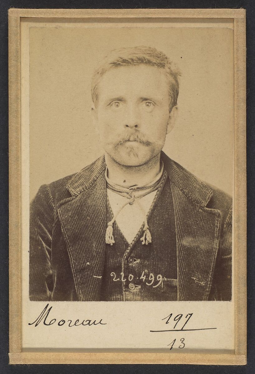 Moreau. Louis. 40 ans, né le 22/10/53 à Villiers (Nièvre). Tailleur de pierre. Anarchiste. 2/7/94., Alphonse Bertillon (French, 1853–1914), Albumen silver print from glass negative 
