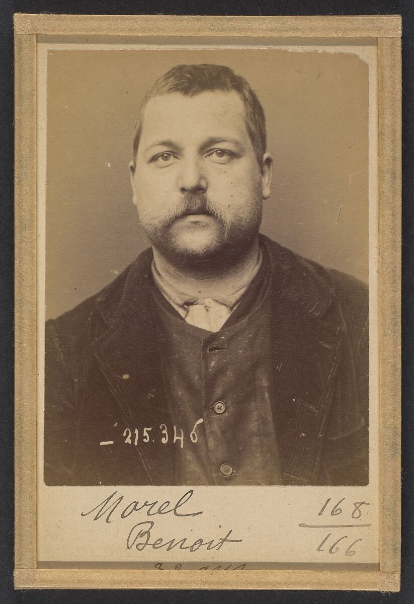 Morel. Benoit. 33 ans, né le 6/11/61 à St Laurent d'Orringt (Rhône). Ébéniste. Anarchiste. 8/3/94., Alphonse Bertillon (French, 1853–1914), Albumen silver print from glass negative 