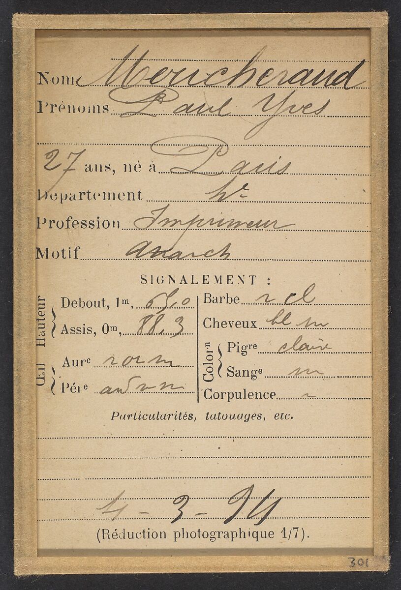 Moucheraud. Pierre, Yves. 27 ans, né à Paris IVe. Imprimeur. Anarchiste. 4/3/94., Alphonse Bertillon (French, 1853–1914), Albumen silver print from glass negative