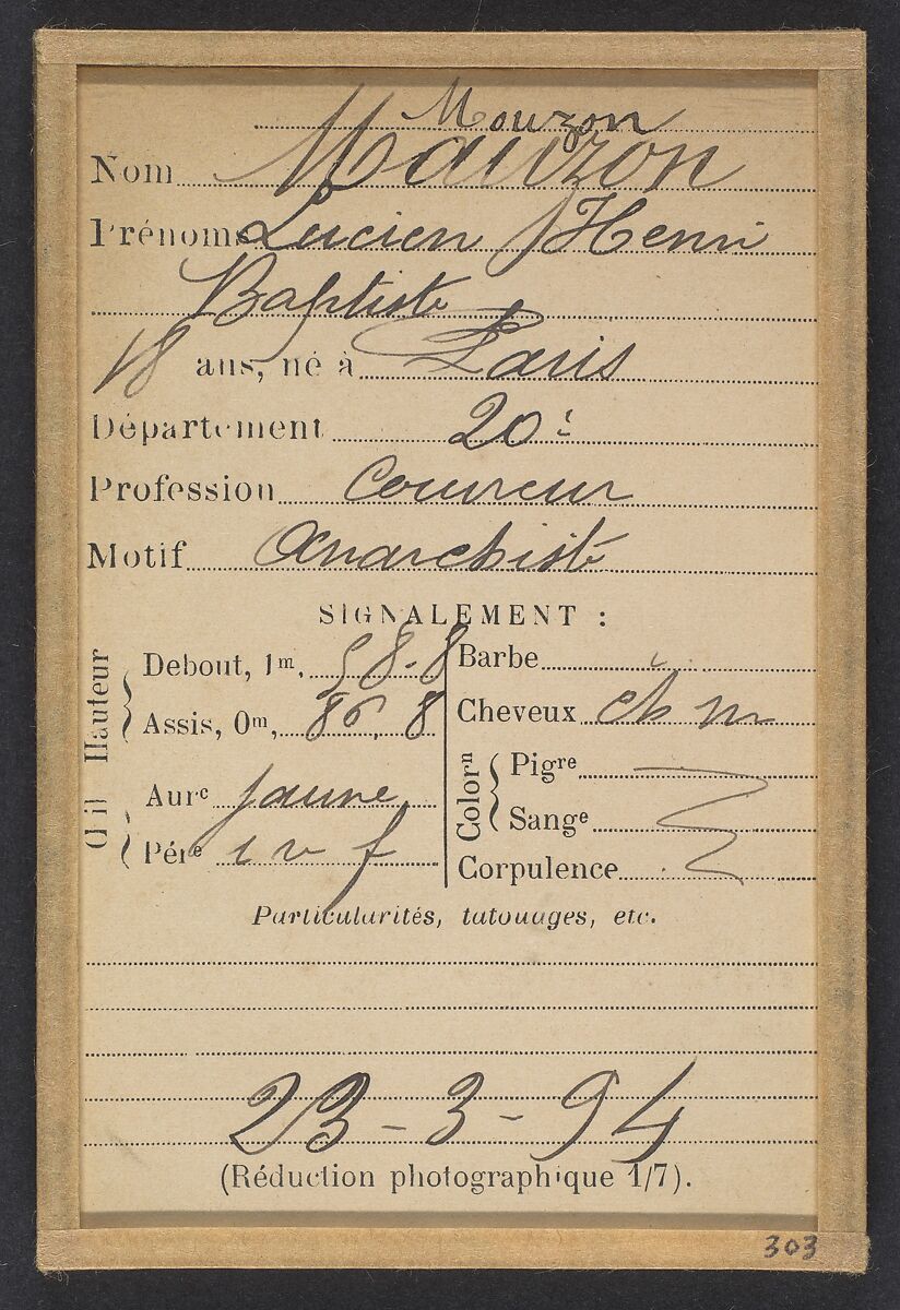 Monzon. Lucien, Henri, Baptiste. 18 ans, né à Paris XXe. Couvreur. Anarchiste. 23/3/94., Alphonse Bertillon (French, 1853–1914), Albumen silver print from glass negative