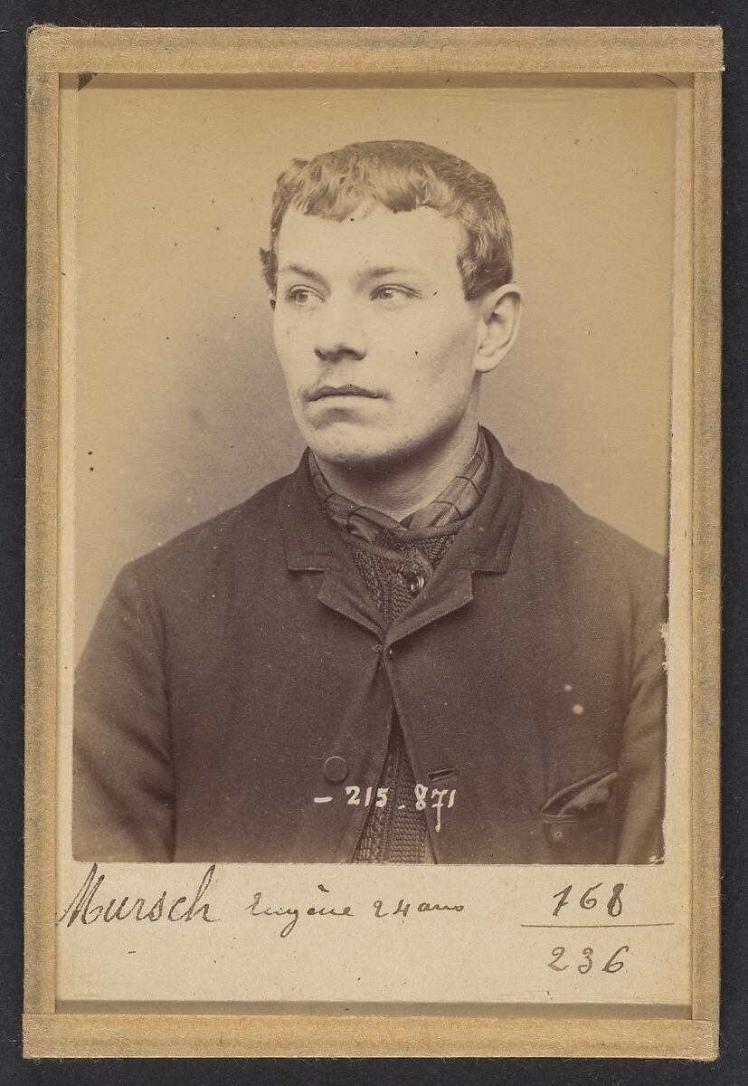 Mursch. Eugène. 24 ans à Schlestatt (Bas-Rhin). Ciseleur. Anarchiste. 18/3/94., Alphonse Bertillon (French, 1853–1914), Albumen silver print from glass negative 