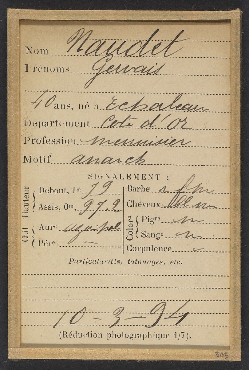Naudet. Gervais. 40 ans, né à Echaleau (Côte-d'Or). Menuisier. Anarchiste. 10/3/94., Alphonse Bertillon (French, 1853–1914), Albumen silver print from glass negative