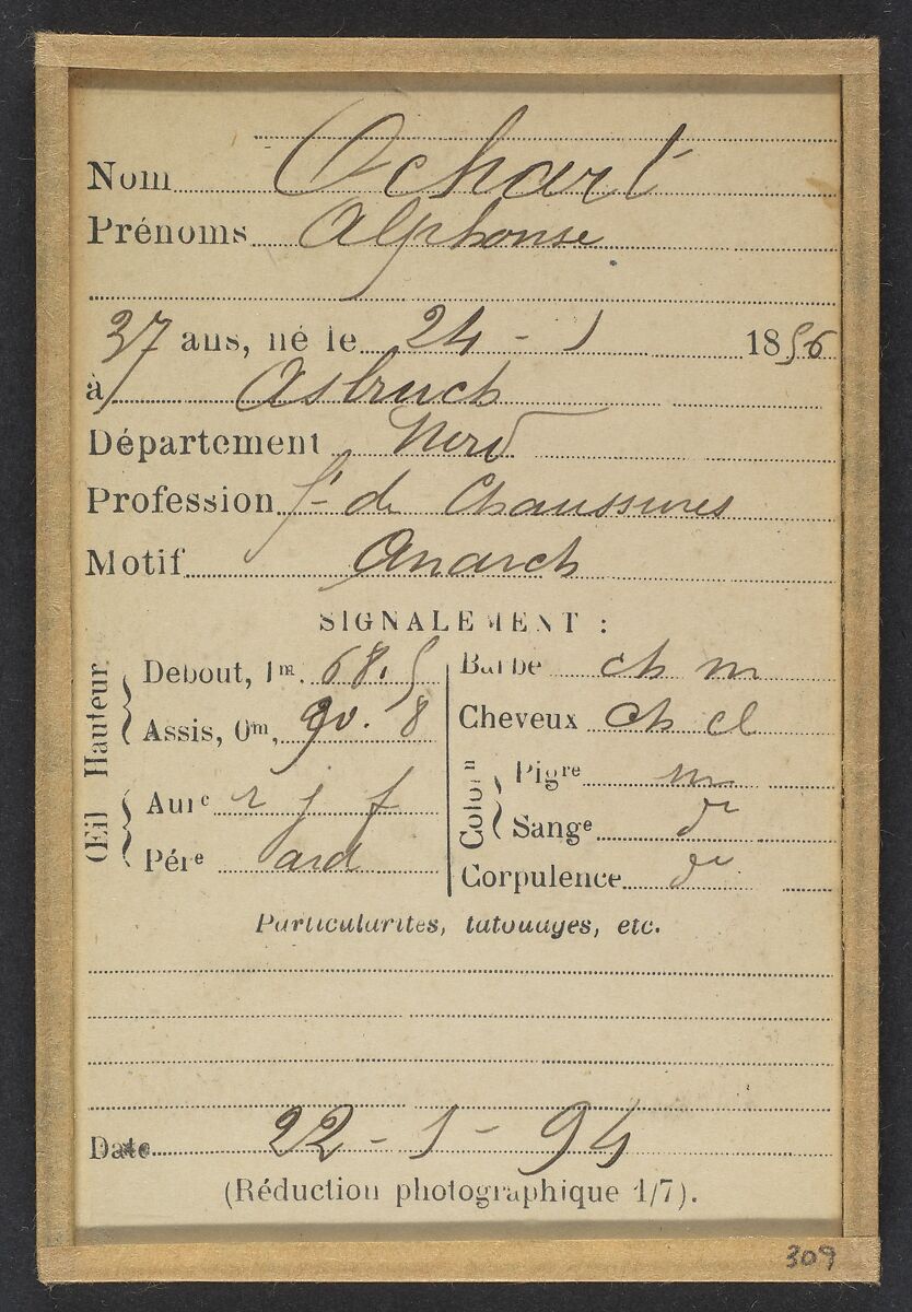 309. Ochart. Alphonse. 37 ans, né le 24/1/56 à Asbruch (Nord). Fabricant de chaussures. Anarchiste. 22/1/94., Alphonse Bertillon (French, 1853–1914), Albumen silver print from glass negative