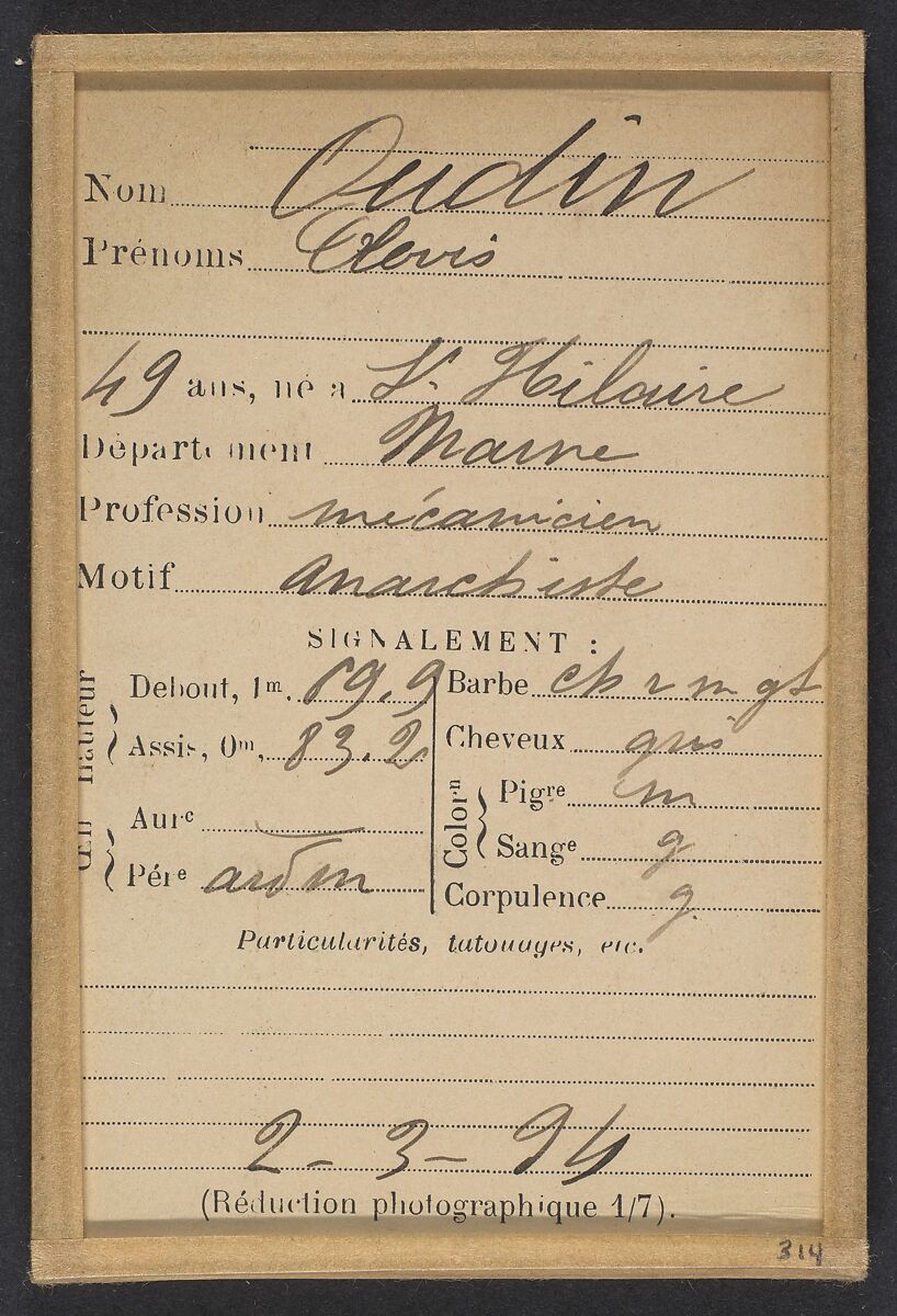 Oudin. Clovis. 49 ans, né à Saint-Hilaire (Marne). Mécanicien. Anarchiste. 2/3/94., Alphonse Bertillon (French, 1853–1914), Albumen silver print from glass negative