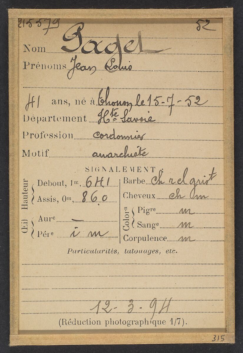 Paget. Jean, Louis. 41 ans, né le 15/7/52 à Thonon (Haute-Savoie). Cordonnier. Anarchiste. 12/3/94., Alphonse Bertillon (French, 1853–1914), Albumen silver print from glass negative