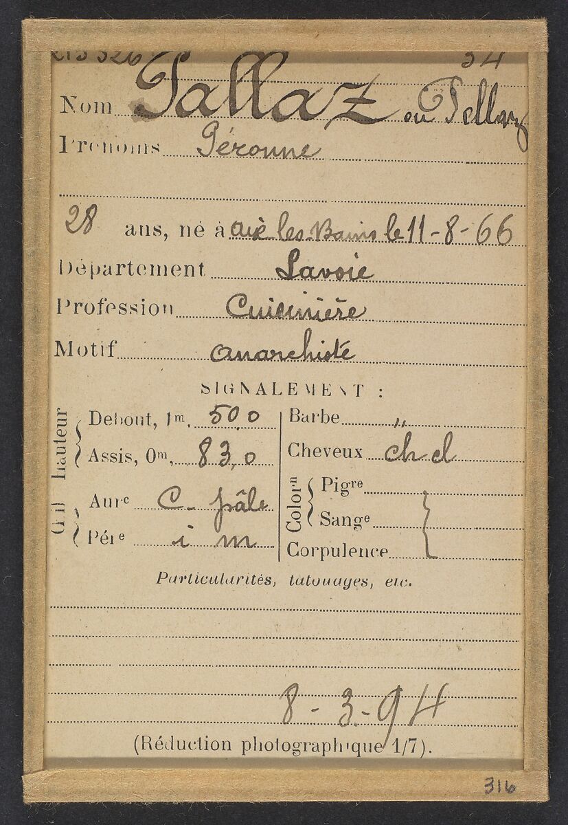 Pallaz (ou Pellaz). Péronne. 28 ans, née le 11/8/66 à Aix-les-Bains (Savoie). Cuisière. Anarchiste. 8/3/94., Alphonse Bertillon (French, 1853–1914), Albumen silver print from glass negative