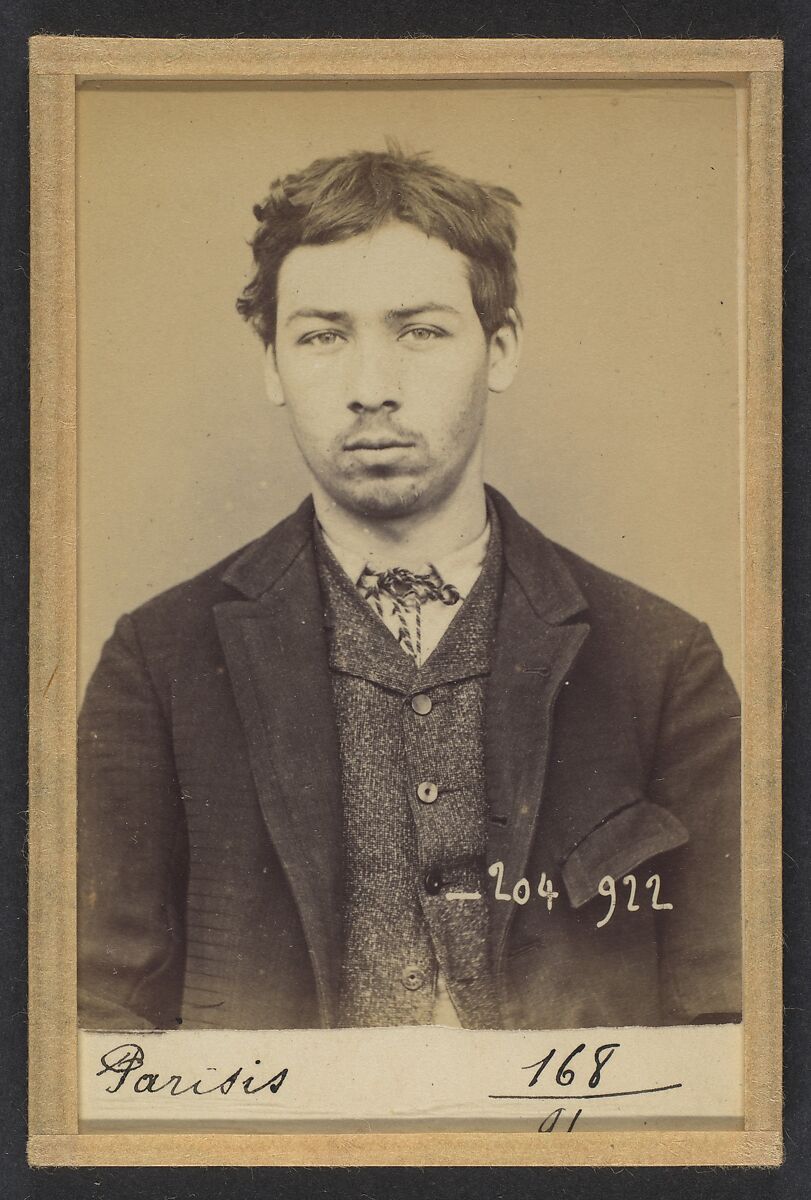 Parisis. Charles. 20 ans, né à Aubervilliers (Seine). Tailleur d'habits. Outrages anarchistes. 10/7/93., Alphonse Bertillon (French, 1853–1914), Albumen silver print from glass negative 