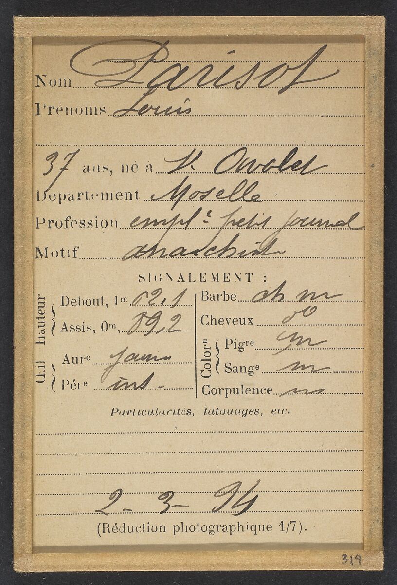 Parisot. Louis. 37 ans, né à Saint-Avalet (Moselle). Employé au "Petit Journal". Anarchiste. 2/3/94., Alphonse Bertillon (French, 1853–1914), Albumen silver print from glass negative