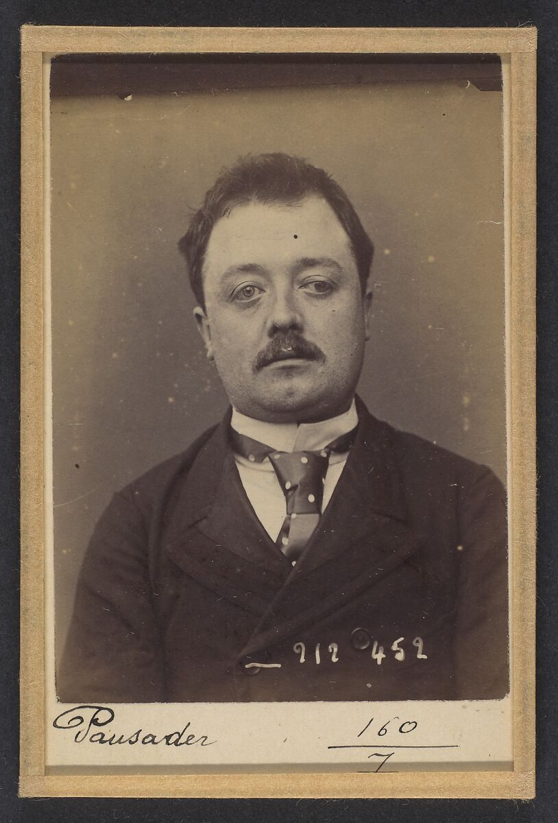 Pausader. Jean, Ernest. 27 ans, né le 28/7/66 à Paris Xe. Publiciste. Anarchiste. 2/1/94., Alphonse Bertillon (French, 1853–1914), Albumen silver print from glass negative 