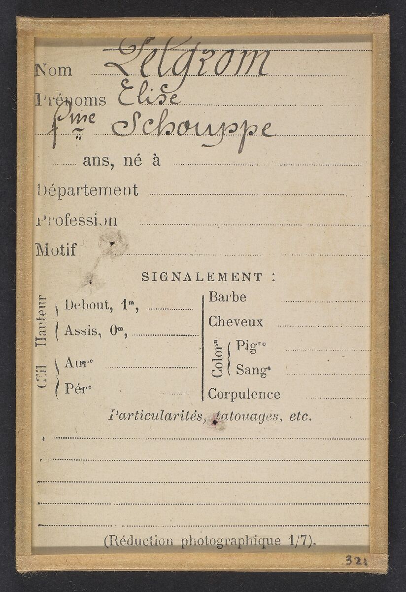 Pelgrom. Elise (femme Schouppe). Deux photographies, dont une légendée: Reprod. faite 22/2/93., Alphonse Bertillon (French, 1853–1914), Albumen silver print from glass negative