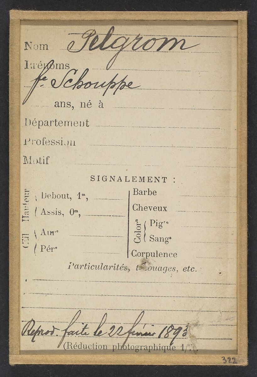 Pelgrom. Elise (femme Schouppe). Deux photographies, dont une légendée: Reprod. faite 22/2/93., Alphonse Bertillon (French, 1853–1914), Albumen silver print from glass negative