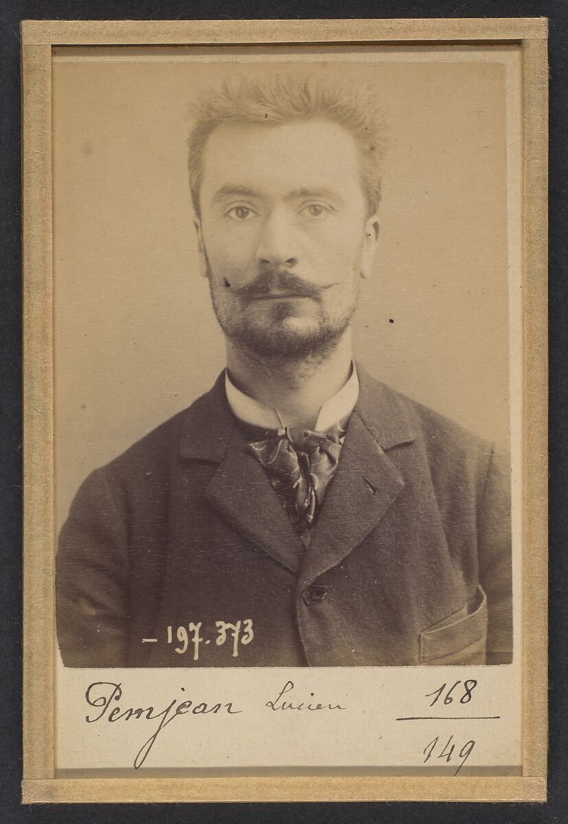 Pemjean. Lucien, Pierre. 32 ans, né à Lyon (Rhône). Publiciste. Anarchiste. 2/1/93., Alphonse Bertillon (French, 1853–1914), Albumen silver print from glass negative 