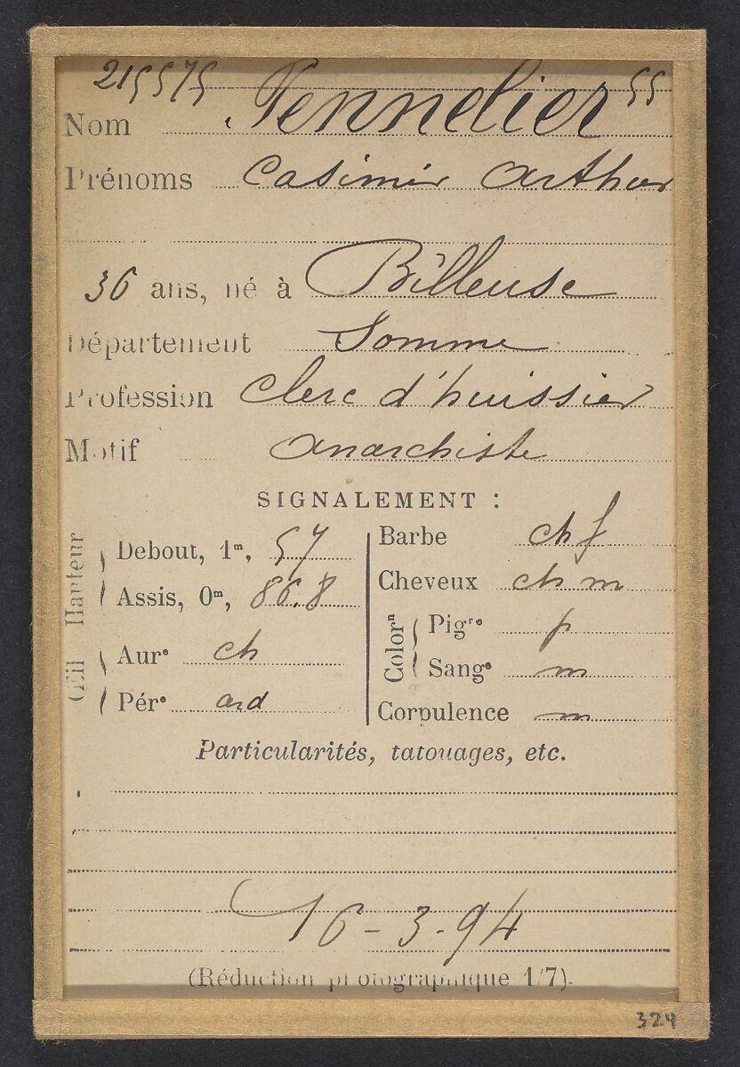 Pennelier. Casimir. Arthur. 36 ans, né à Billeuse (Somme). Clerc d'huissier. Anarchiste. 16/3/94., Alphonse Bertillon (French, 1853–1914), Albumen silver print from glass negative