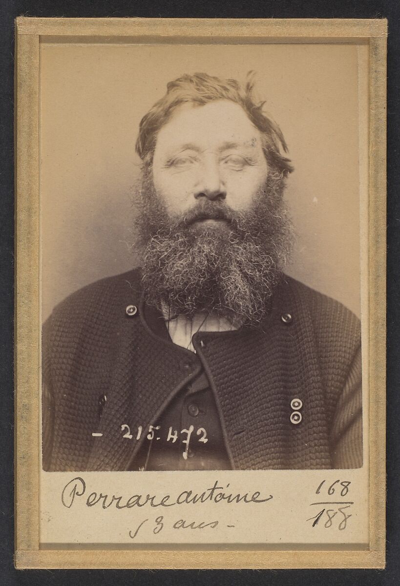 Perrare. Antoine. 53 ans, né à St Diaur (Rhône). Mécanicien. Anarchiste. 10/3/94., Alphonse Bertillon (French, 1853–1914), Albumen silver print from glass negative 